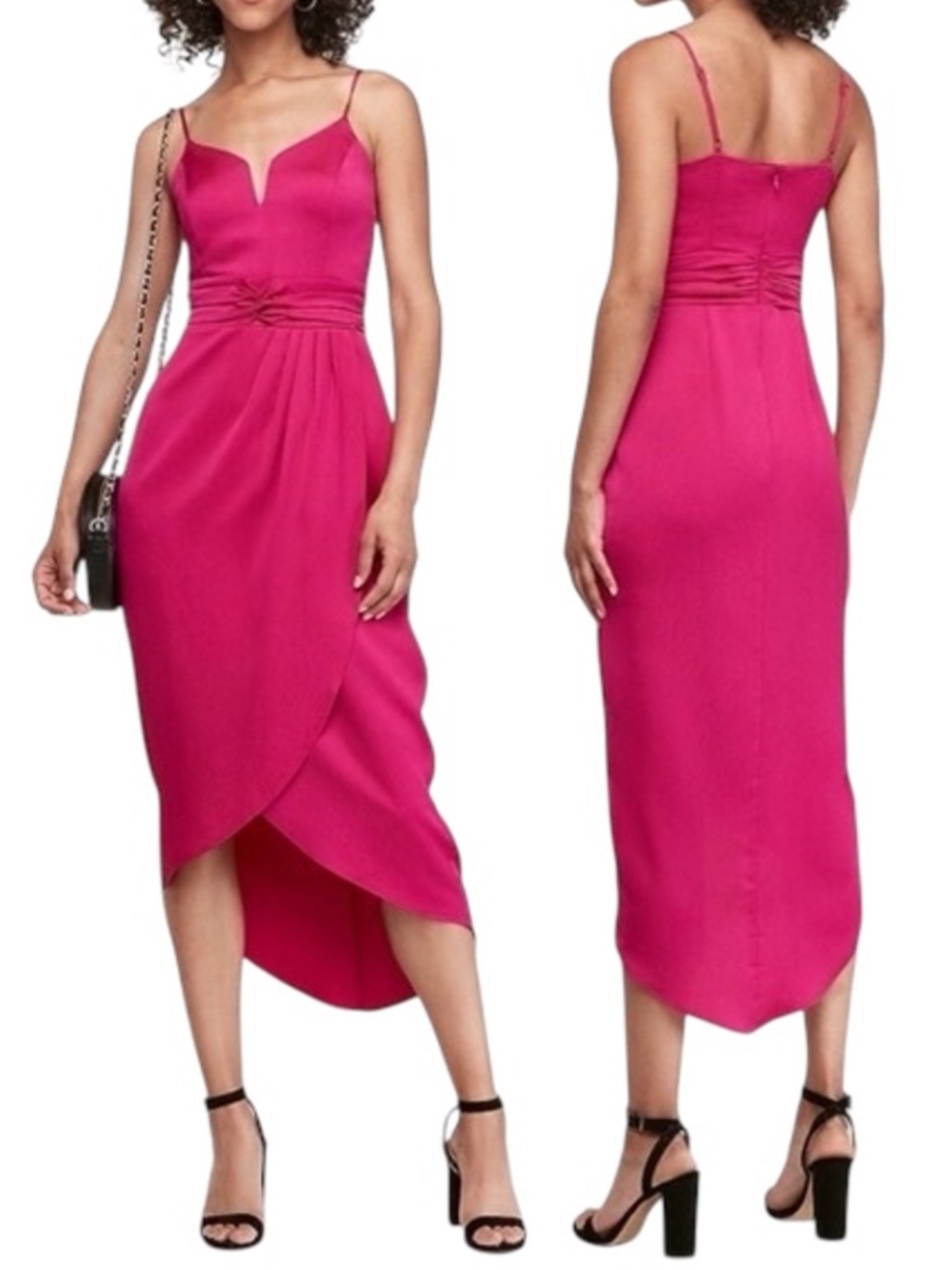 Express Satin Twist Front High-Low Midi Dress - Fuchsia Pink Size S